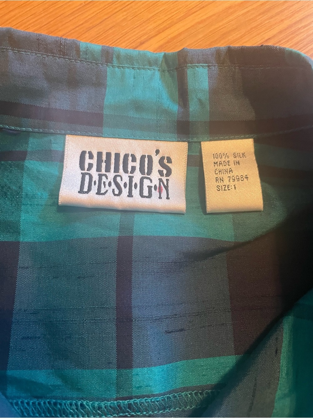 VTG Chico's Silk Blue & Teal Plaid Button-Down Shirt - Picture 3 of 7